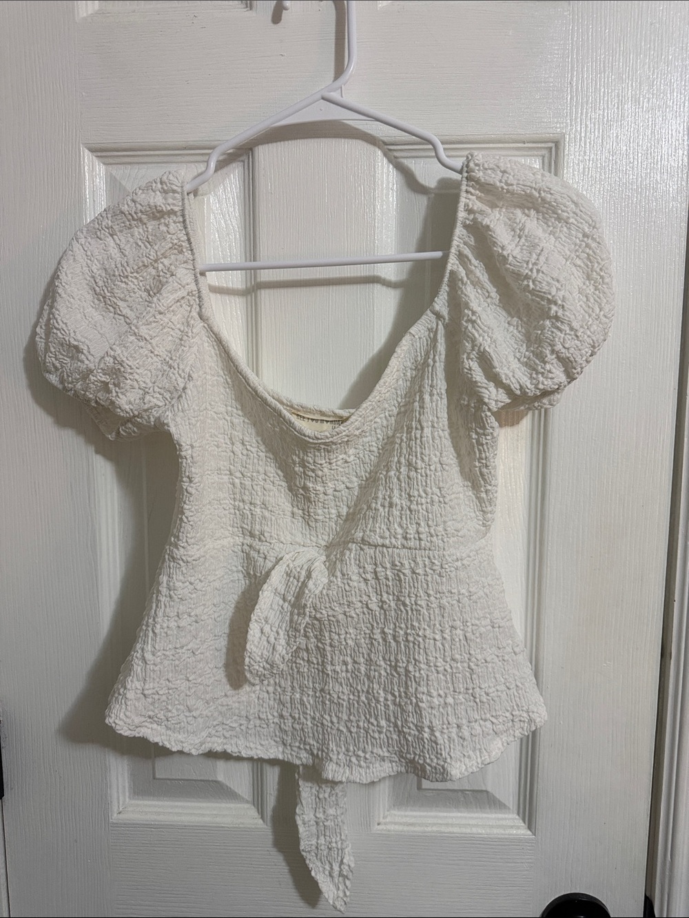 See You Monday Cream Puff-Sleeve Tie-Front Textured Top